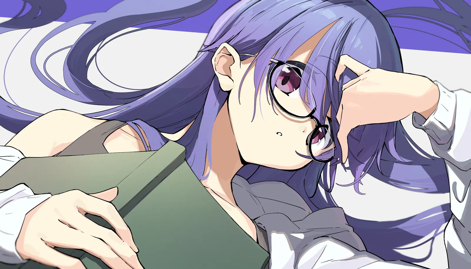 Rin with glasses and loose hair, lying back with a book