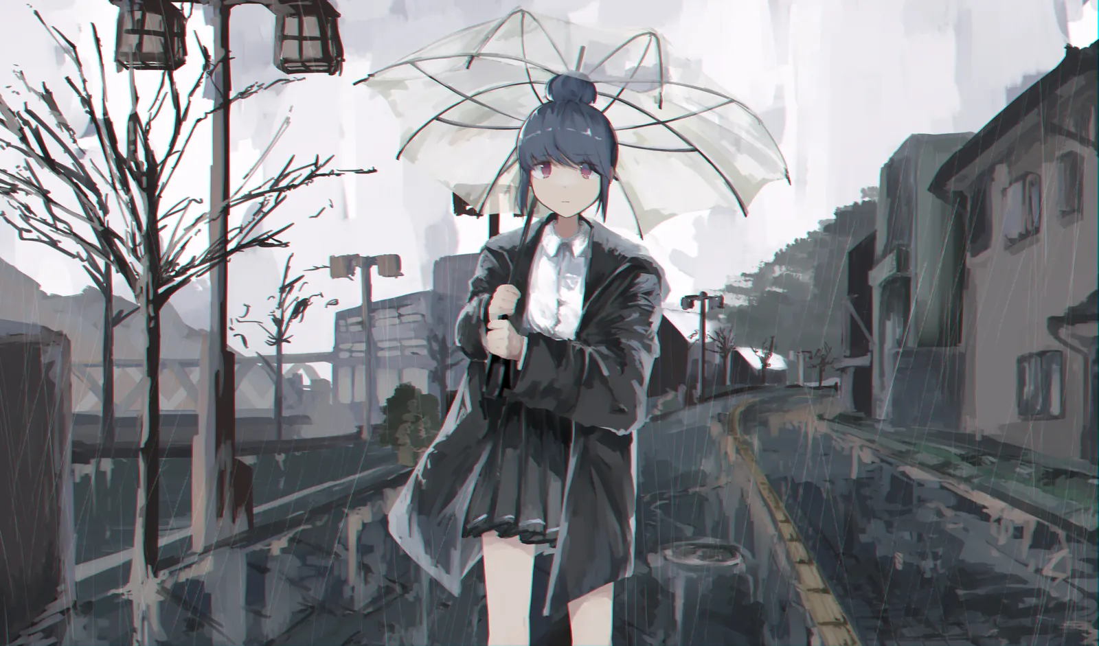 Rin under a clear umbrella on a rainy grey street