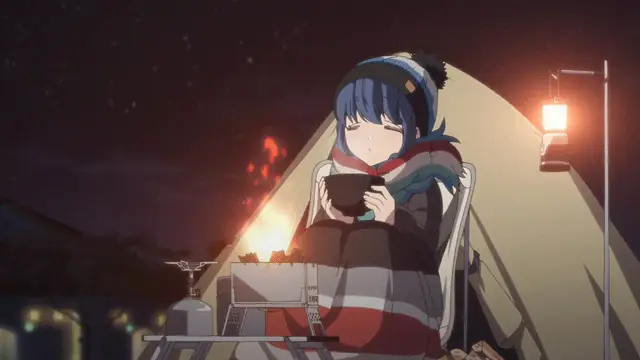 Rin wrapped in a blanket by her tent at night, sipping something warm under a lantern