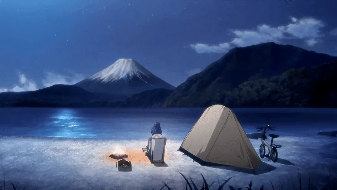 Rin camping alone on the shore of Lake Motosu at night, Mt. Fuji glowing under the moon, a small campfire beside her tent