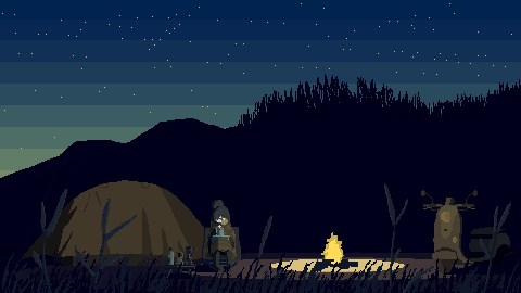 Pixel art of Rin at night by a campfire, between her tent and her scooter